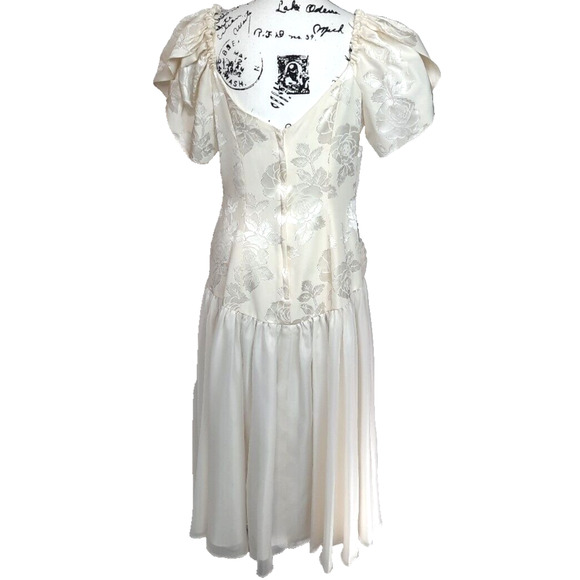 Vintage 80s Satin Chiffon Puff Sleeve Drop Waist Dress Size 16 Formal Wedding - Picture 2 of 16